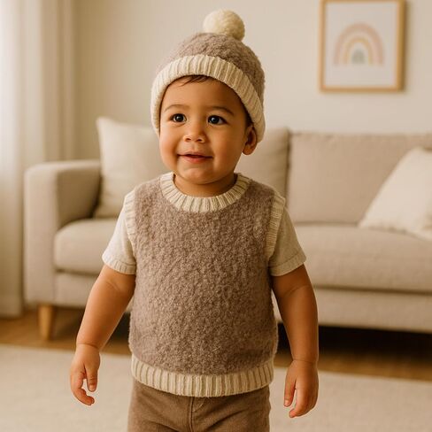 Preschooler Knitting Kit for Boys Vest & Hat (Ages 0–8) – Italian Boucle Yarn, Alpaca & Merino Wool Yarn, 3 Sets Bamboo Knitting Needles, Video Guide – Handmade Gifts for Baby Showers, Birthdays in Saudi Arabia