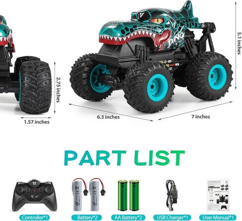 DYODYORC Remote Control Car, 2.4Ghz All Terrain Dinosaur Monster Truck Toys, RC Truck with Music, 3 Lighting Effects, 360 Stunt Capable, All Included Ready to Run, Toy Gifts for Boys and Girls (Cyan) in Saudi Arabia