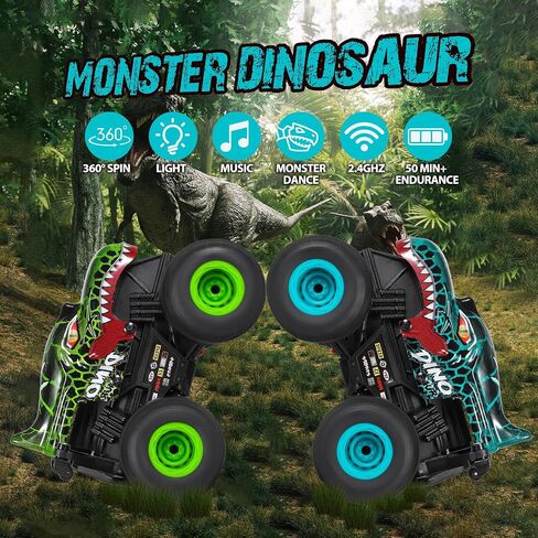 DYODYORC Remote Control Car, 2.4Ghz All Terrain Dinosaur Monster Truck Toys, RC Truck with Music, 3 Lighting Effects, 360 Stunt Capable, All Included Ready to Run, Toy Gifts for Boys and Girls (Cyan) in Saudi Arabia