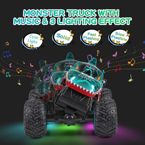DYODYORC Remote Control Car, 2.4Ghz All Terrain Dinosaur Monster Truck Toys, RC Truck with Music, 3 Lighting Effects, 360 Stunt Capable, All Included Ready to Run, Toy Gifts for Boys and Girls (Cyan) in Saudi Arabia