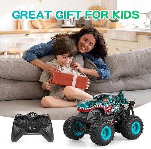 DYODYORC Remote Control Car, 2.4Ghz All Terrain Dinosaur Monster Truck Toys, RC Truck with Music, 3 Lighting Effects, 360 Stunt Capable, All Included Ready to Run, Toy Gifts for Boys and Girls (Cyan) in Saudi Arabia
