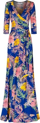 فستان Bon Rosy نسائي للربيع والصيف 3/4 كم ورقبة على شكل حرف V مطبوع طويل ملفوف صناعي لعيد الفصح وعيد الأم وحفلات الزفاف وحفلات استقبال المولود الجديد والأمهات والتمريض والمهرجانات الموسيقية O1jERf عاجي M in Kuwait