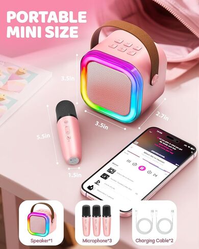 IROO Mini Karaoke Machine for Kids, 2025 TOP Toys Birthday Gifts Ideas for Girls Ages 4, 5, 6, 7, 8, 9, 10, 12+ Years Old, Portable MP3 Player with 3 Wireless Mics for Party(Pink-3 Mics) in Kuwait