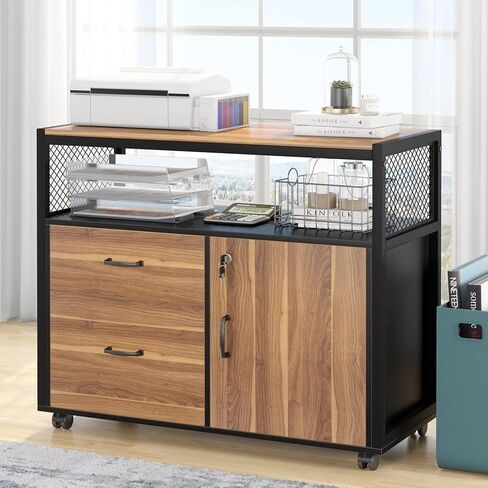 Tribesigns Modern File Cabinet with Drawers for Letter-Sized File and Door, Lockable lateral Filing Cabinet Printer Stand with Storage Shelves and with Rolling Caster for Home Office (Dark Walnut) in Kuwait