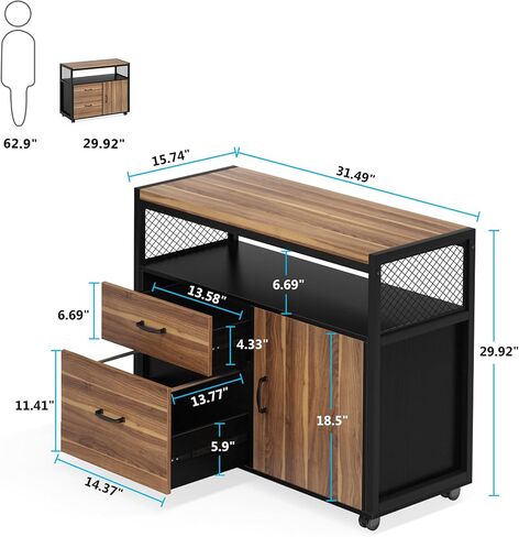 Tribesigns Modern File Cabinet with Drawers for Letter-Sized File and Door, Lockable lateral Filing Cabinet Printer Stand with Storage Shelves and with Rolling Caster for Home Office (Dark Walnut) in Kuwait