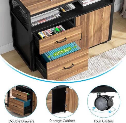 Tribesigns Modern File Cabinet with Drawers for Letter-Sized File and Door, Lockable lateral Filing Cabinet Printer Stand with Storage Shelves and with Rolling Caster for Home Office (Dark Walnut) in Kuwait