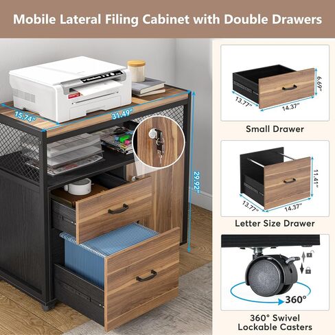 Tribesigns Modern File Cabinet with Drawers for Letter-Sized File and Door, Lockable lateral Filing Cabinet Printer Stand with Storage Shelves and with Rolling Caster for Home Office (Dark Walnut) in Kuwait