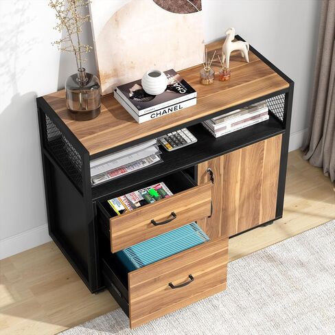 Tribesigns Modern File Cabinet with Drawers for Letter-Sized File and Door, Lockable lateral Filing Cabinet Printer Stand with Storage Shelves and with Rolling Caster for Home Office (Dark Walnut) in Kuwait