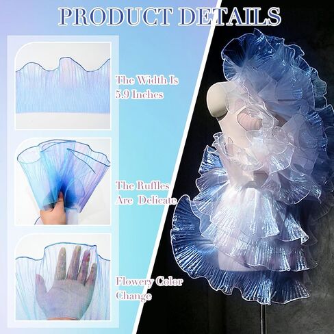 Newwiee 15 Yards Ruffle Pleated Chiffon Trim Organza Ruffled Fabric Chiffon Ribbon Pleated Lace Fabric Trim for Jellyfish Lanter Skirt Sewing Bag Costume Decoration Trimming Craft Gift(Iridescent) in Kuwait