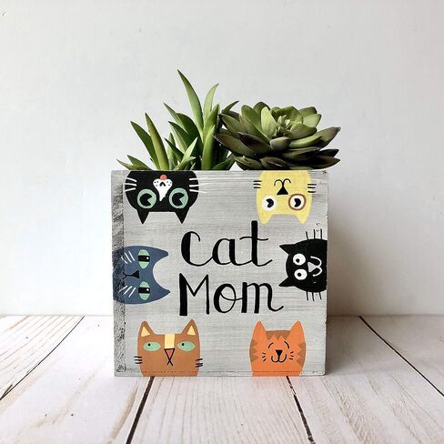 Cat Mom Planter,Whitewashed Wood Garden Box or Decorative Bin (5 inch square) in Kuwait