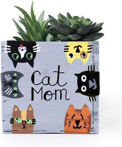 Cat Mom Planter,Whitewashed Wood Garden Box or Decorative Bin (5 inch square) in Kuwait