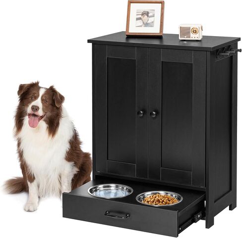 Dog Feeding Station with Storage Cabinet and 2 Elevated Dog Bowls, Hidden Pet Feeder Station Wood, Dog & Cat Storage Organizer, White in Saudi Arabia