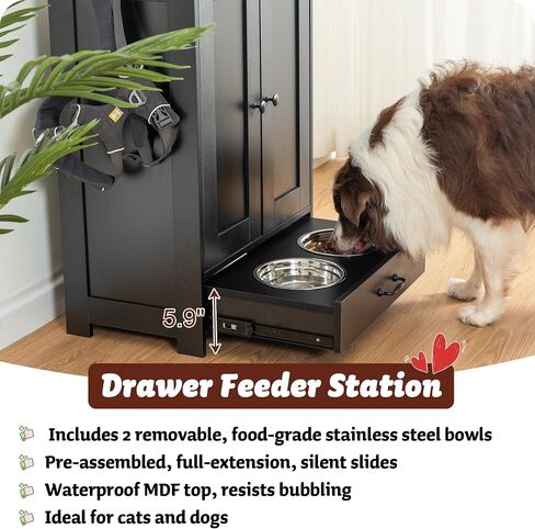Dog Feeding Station with Storage Cabinet and 2 Elevated Dog Bowls, Hidden Pet Feeder Station Wood, Dog & Cat Storage Organizer, White in Saudi Arabia