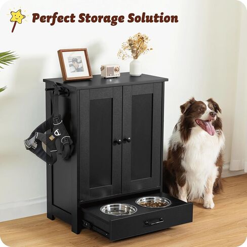 Dog Feeding Station with Storage Cabinet and 2 Elevated Dog Bowls, Hidden Pet Feeder Station Wood, Dog & Cat Storage Organizer, White in Saudi Arabia