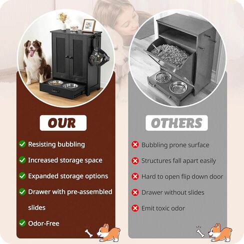 Dog Feeding Station with Storage Cabinet and 2 Elevated Dog Bowls, Hidden Pet Feeder Station Wood, Dog & Cat Storage Organizer, White in Saudi Arabia