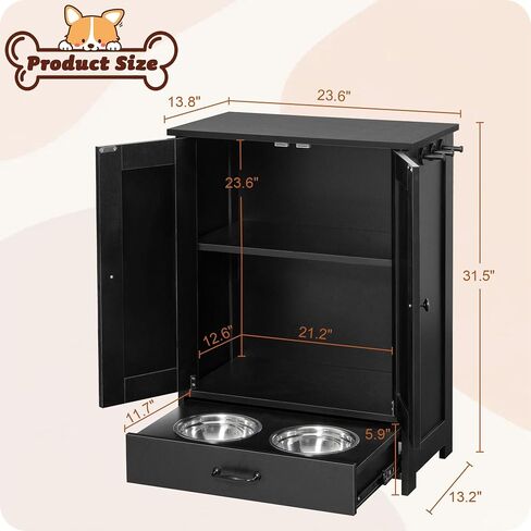 Dog Feeding Station with Storage Cabinet and 2 Elevated Dog Bowls, Hidden Pet Feeder Station Wood, Dog & Cat Storage Organizer, White in Saudi Arabia