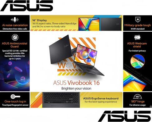 كمبيوتر محمول ASUS Vivobook 16 بوصة رفيع، AMD Ryzen 7 5800HS(Beat i7-1195G7)، كاميرا ويب، USB من النوع C، WiFi 6، Windows 11 Home، مع/لوحة ماوس (ذاكرة الوصول العشوائي 16 جيجابايت | 1 تيرابايت SSD) in Kuwait