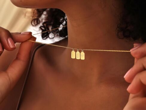 14K Solid Gold Bar Tag Necklace, Custom Name Initial Pendant, Vertical Bar Choker, Handmade Personalized Gift in Saudi Arabia