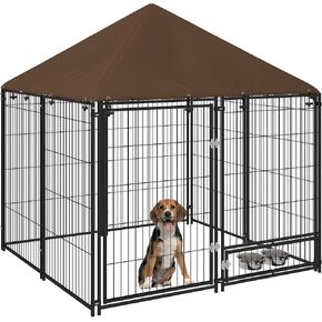 PawHut Outside Dog Kennel, 4.6' x 4.6' x 5' Puppy Play Pen with Canopy, Garden Playpen Fence Crate Enclosure Cage Rotating Bowl, Black
