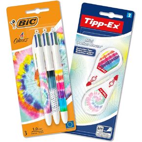BIC TIE DYE DESK مجموعة 4 ألوان ديكور TIE DYE BLES و MINI POCTION MOUSE Decors Correction Tapes - تصميمات متنوعة ، حزمة 3+2