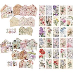 92 Pieces Mini Stationery Paper Envelopes and Sealing Sticker Set, 60 Writing Flower Scrapbook Papers with 16 Matching Envelopes and 16 Round Seal Sticker