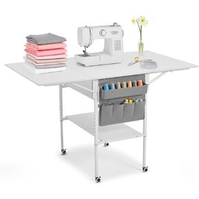 MELLCOM Height Adjustable Craft Table with Storage Shelves, Mobile Folding Cutting Table for Large Fabric, Foldable Sewing Desk for Home Office Sewing Room Craft Room