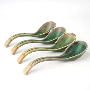 Soup Spoon,Japanese Spoon,Green Ceramic Spoons,Ramen Spoon,Long Handle Easy to Hold, Non-slip Bottom,Chinese/Japanese Ramen, Chinese Wonton, Dumplings, Pho, Noodle Soup Spoons,Set of Four