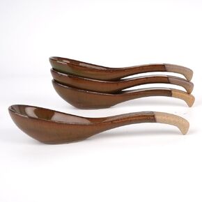 Soup Spoon,Japanese Spoon,Brown Ceramic Spoons,Ramen Spoon,Rice Spoon,Asian Style Spoons,Long Handle with Hook spoons,Set of Four