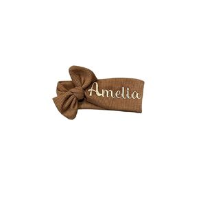 Girls Headband with Name - Baby Headband Personalized - Embroidered Headbands - Newborn Headbands with Bow - Girls Headbands - Waffle Knit Headband (Newborn - 3 Months, Brown)