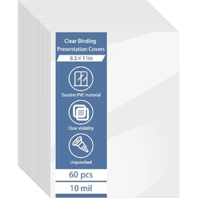 60 Pack 10mil Clear Binding Covers, Letter Size Quality Un-Punched Report Covers, Book Covers Presentation Binding Covers and Backs Set Document Binding for Home Office School, 8.5x11 Inches