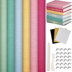 Book Binding Cloth Kit, Includes 12''x16'' Bookcover Cloth Fabric 24 Decorative Corners 3 Iron on Vinyl Sheets Bone Folder Tools, Backing Paper, for Old Book DIY Craft Supplies(Cool Color)