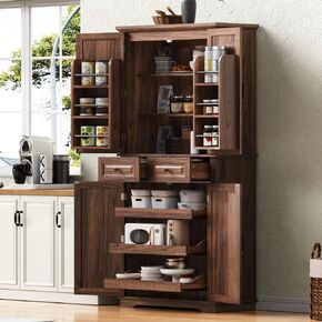 Brown Solid MDF Farmhouse 71 Inch Pantry Cabinet with 2 Drawers & 3 Shelves, 8-Door Freestanding Storage Organizer for Kitchen, Laundry Room or Dining Room