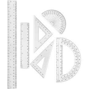 Tenare 1 Set Plastic Clear Math Set Includes Protractor Triangle Rulers 12 Inch 6 Inch Straight Geometry Math Transparent Ruler Measuring Tool for School Office Home Supplies(Clear)