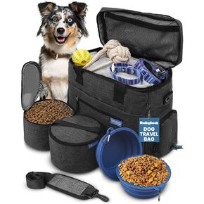 The Original Doggy Bag™ - Complete Dog Travel Bowl Bag for Supplies with 2 BPA-Free Travel Dog Bowls & 2 Food Containers - Traveling Kit for Road Trips, Camping, Weekend Away or Doggy Gift - Beige