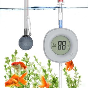 Pawfly 1.5 W Mini Aquarium Air Pump with Digital Thermometer, 300Ml/M Ultra Quiet Air Pump for 1-10 Gallon Fish Tanks, Portable Fish Tank Air Pump Oxygen Aerator with Air Tubing Air Stone Check Valve