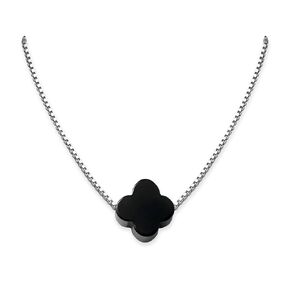 Tiny Dainty Black Onyx Four Leaf Clover Bead Necklace on Sterling Silver Chain - Birthday, Anniversary Gift for Mom Wife Girlfriend, Charm Layering Choker Necklace (14 inches + 2-inch extender)