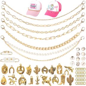 Meneng Cowgirl Hat Accessories Kit: 36PCS Western Trucket Hat Chains Bill Decoration for Women - Bling Metal Detachable Chains Bulk for Mesh Baseball Cap