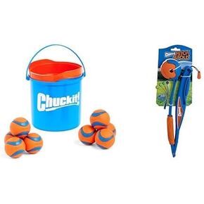 Chuckit! Ultra Ball Dog Toy 8-Pack (2.5-inch) with Cleaning Bucket & Mini 18M Ball Launcher Bundle - Interactive Fetch Toys for Dogs 20-60 lbs