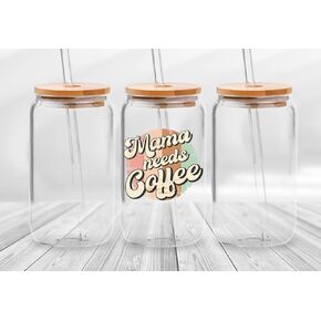 16 Ounce Glass With Straw and Lid - Iced Coffee Glass - Mama Needs Coffee Retro Design
