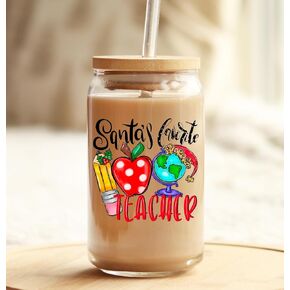 16 Ounce Glass With Straw and Lid - Iced Coffee Glass - Santa's Favorite Teacher