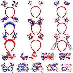 Max Fun 4th of July Accessories, 18 Pcs Patriotic Glasses and Headbands Set Fourth of July Decorations for Kids Adults Independence Day Party Favors Photo Booth Props