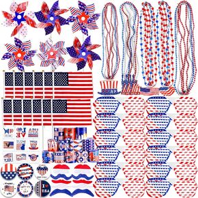156 PCS 4th of July Accessories Patriotic Party Favors American Flags Glasses Slap Bracelets Pinwheels Tattoo Stickers Brooches Beards Necklaces for Independence Day Memorial Day