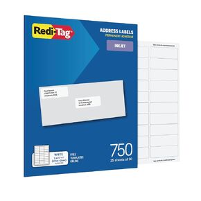 Redi-Tag Address Labels, 750 Blank (25 Sheets of 30), 1" x 2.625", for Inkjet Printers Only, Free Online Templates (1009571)