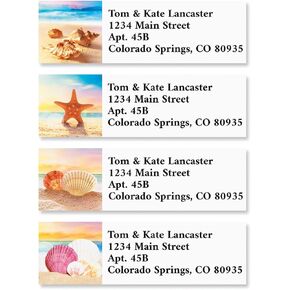 Colorful Images Coastal Pleasures Beach Small Classic Return Address Mailing Labels, Personalized with Name & Address, Set of 240 Self Adhesive, Easy Peel Flat Label Sheets, ⅝" x 2", 4 Designs