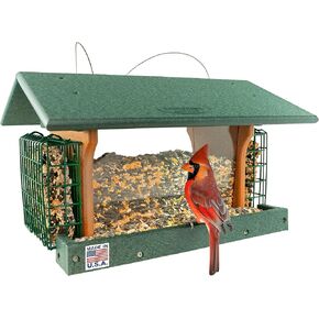 Poly Hopper Bird Resered مع اثنين من أقفاص حامل كعكة الشحم ، متين طويل الأمد في الهواء الطلق في الهواء الطلق - Amish American Made in USA (Tudor Brown & Weatherwood)