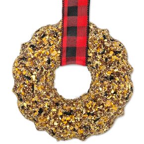 Birdseed Wreath for Blue Jays, Cardinals, Finches and Other Songbirds (Buffalo Check Red and Black Plaid Ribbon)