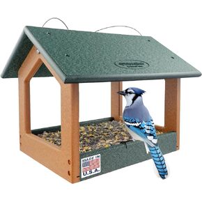 Amish USA Made Recycled Plastic Large Hanging Modern Fly Through Covered Roof Open Platform Tray Bird Feeder for Outdoors, Garden, Yard (Black & Bright Cedar)