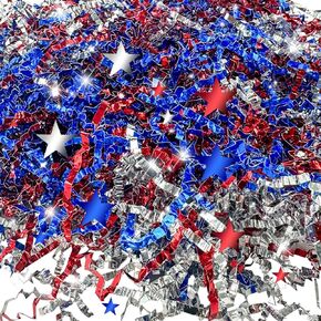YumSur 355g/12.5oz American Patriotic Red Blue Crinkle Cut Paper with Star Confetti,Blue Red White Shred Filler Mix Raffia Tissue Craft Bedding Cushion, Party Birthday Gift Box