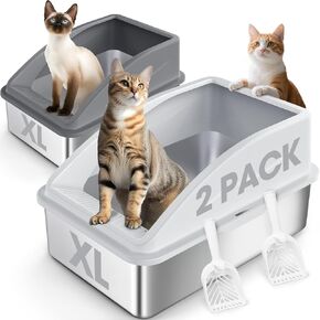 2 Pack Stainless Steel Litter Box | XL Enclosed Cat Litter Boxs with Lid for Big Cats and Multi-Cats | High Sided, Anti-Urine Leakage | Non-Stick Bottom（Silver Gray）
