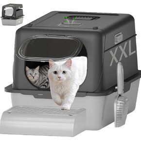Stainless Steel Cat Litter Box with Lid, XX-Large Extra Large Litter Boxes for Large Cats,Enclosed Removable Metal Cat Box with High Sided Enclosure,Magnetic Door,40L Box, Litter Trap Step/Mat